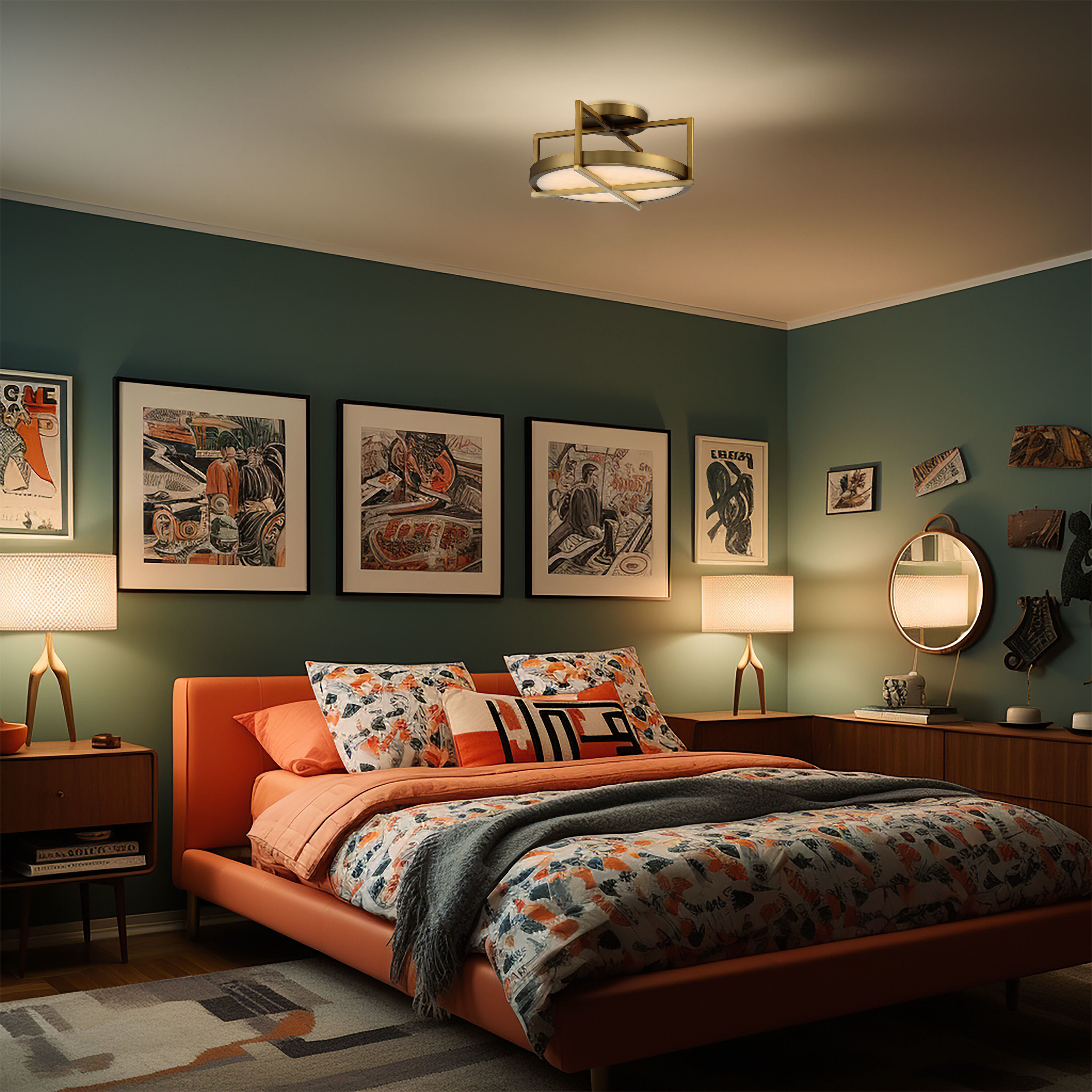 Boada LED 14 inch Soft Brass Semi Flush Ceiling Light